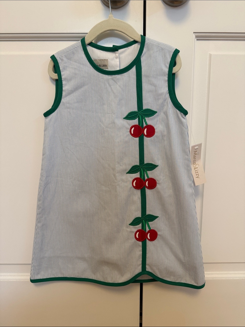 Girls' Cream Striped Cherry Trim A-Line Dress — Green Trim